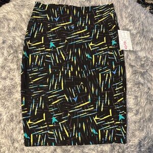LuLaRoe Cassie Black Pencil Skirt with Vibrant Blue and Yellow Patterns